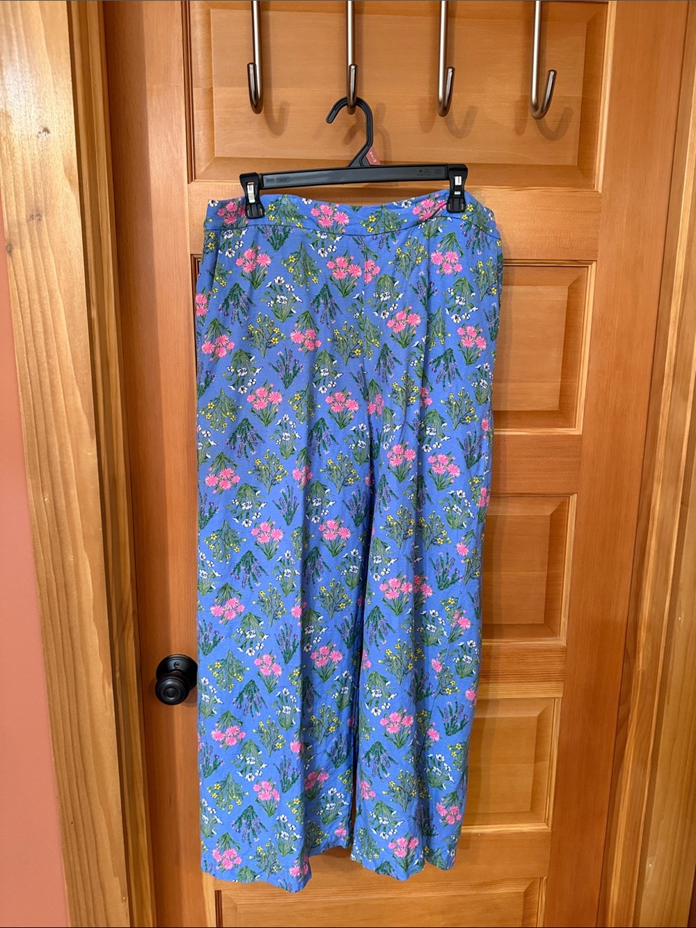 LOFT Blue Wide-Leg Floral Pants with Pink and Green Accents